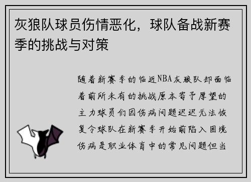 灰狼队球员伤情恶化，球队备战新赛季的挑战与对策